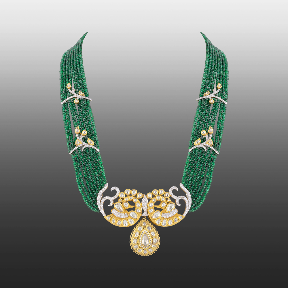 Layered Emerald Bead Necklace with Peacock Polki & Bud Motifs